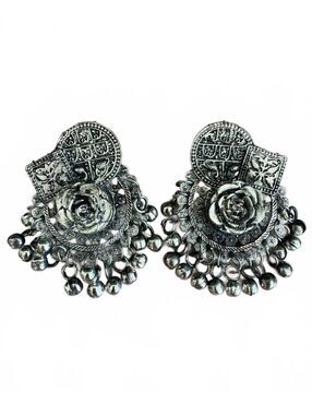 Boho Rose Dangle Earrings Silver Tone Ghungroo Bells